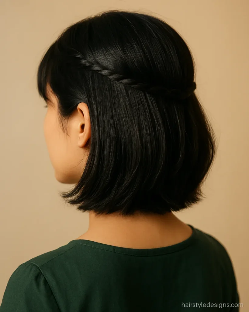 Hairstyle girl short hair with a layered bob and a thin braided band
