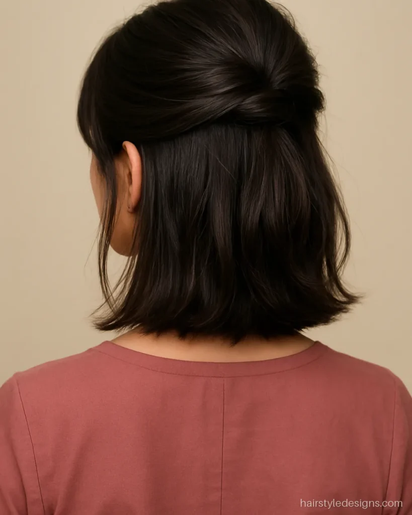 Short hairstyle for women with a textured lob and twisted crown section
