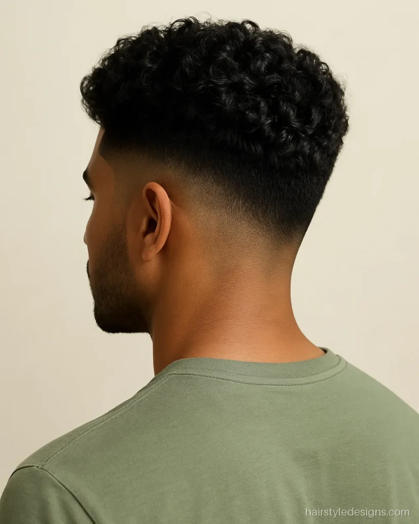 Drop fade men hairstyle with a natural curly top and sharp outline