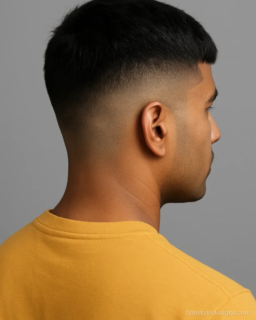 New men hairstyle French crop with a blunt fringe and mid skin fade