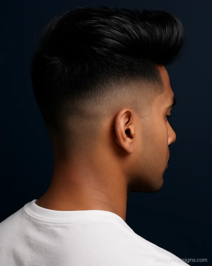 High fade cutting hairstyle for men with a tall quiff on straight hair