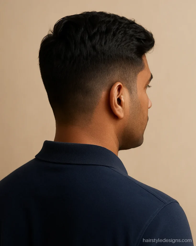 Ivy league cutting hairstyle for men with short sides and a brushed front