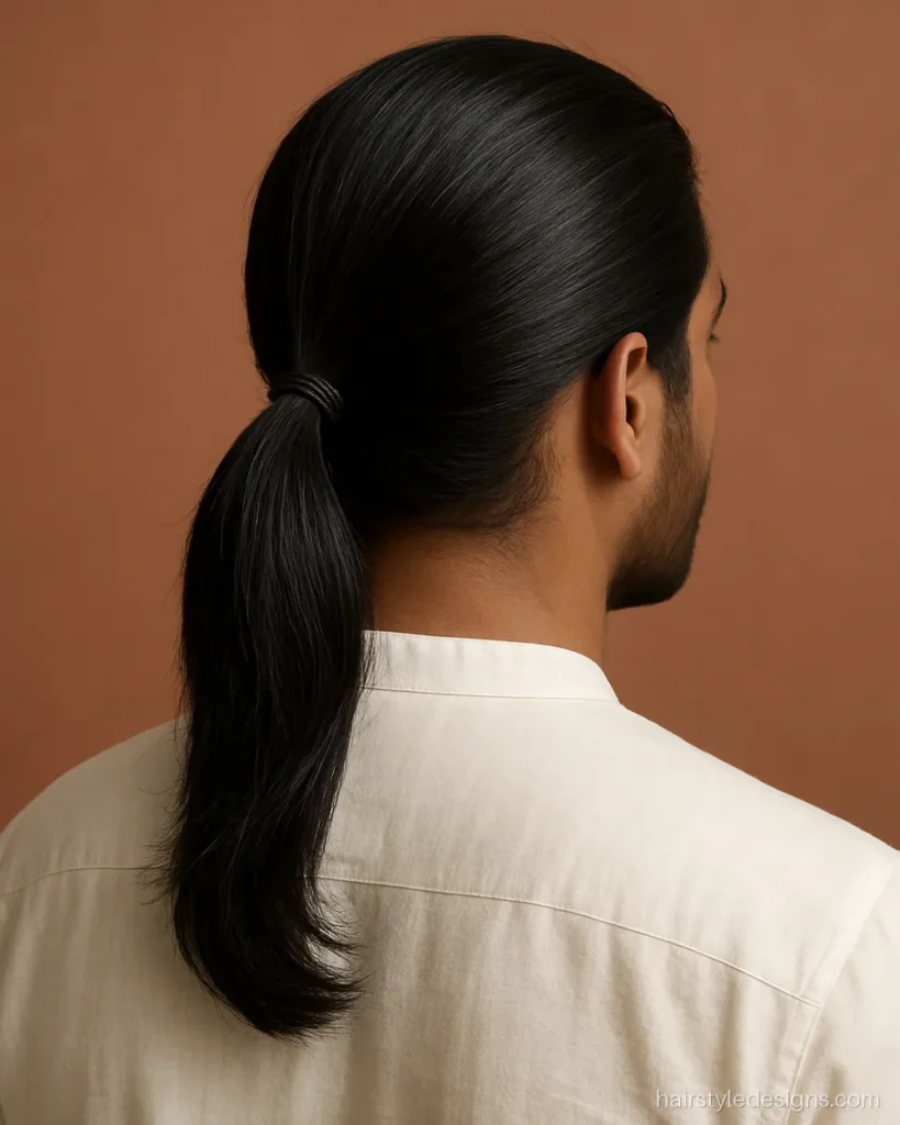 Ponytail hairstyle for men with long hair tied low at the nape