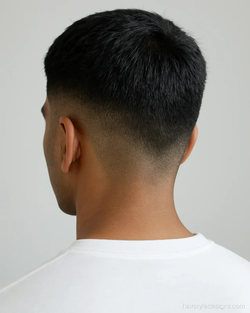 Cutting hairstyle for men with a low taper fade and a short crop top