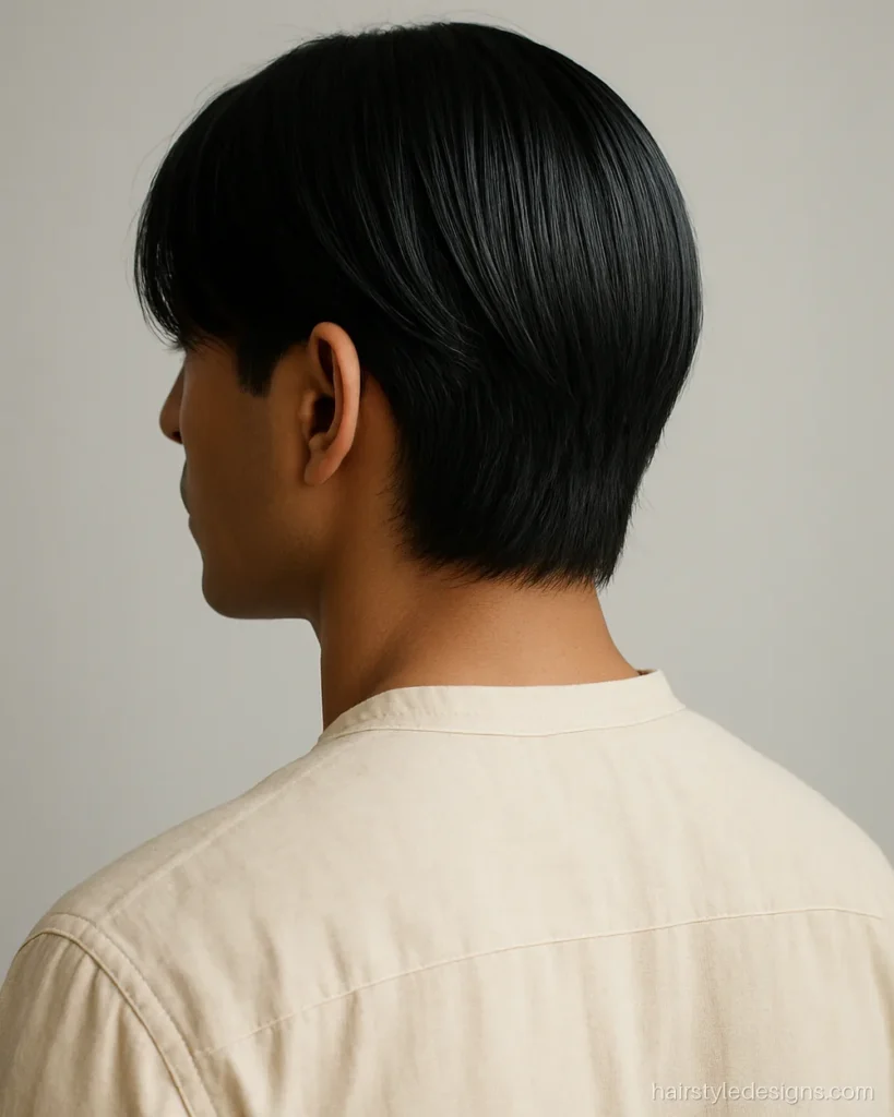 Medium length men hairstyle with middle part curtains on straight silky hair