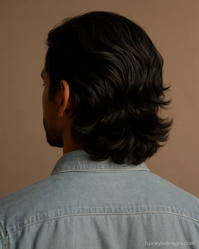 Hairstyle for men with medium wavy hair swept back into a natural flow