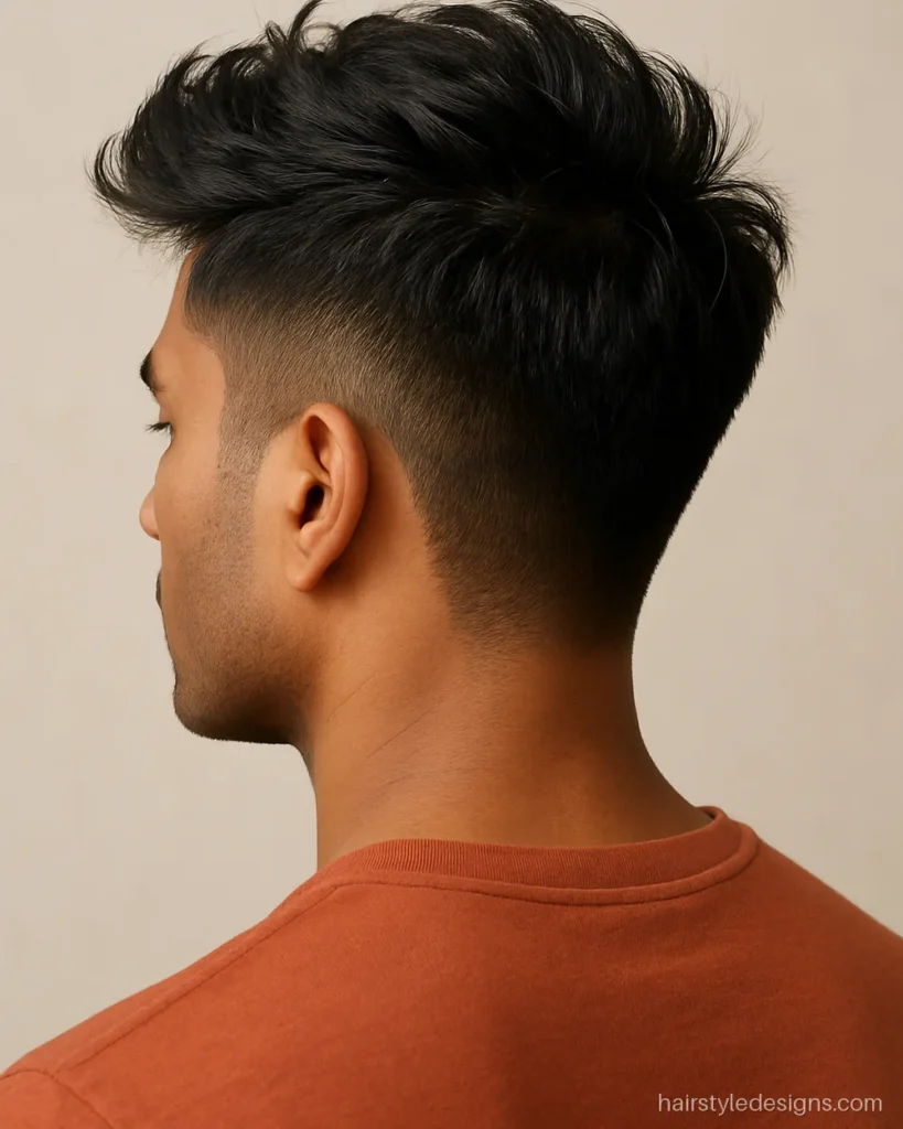 Stylish hairstyle for men with a messy textured quiff and tapered sides