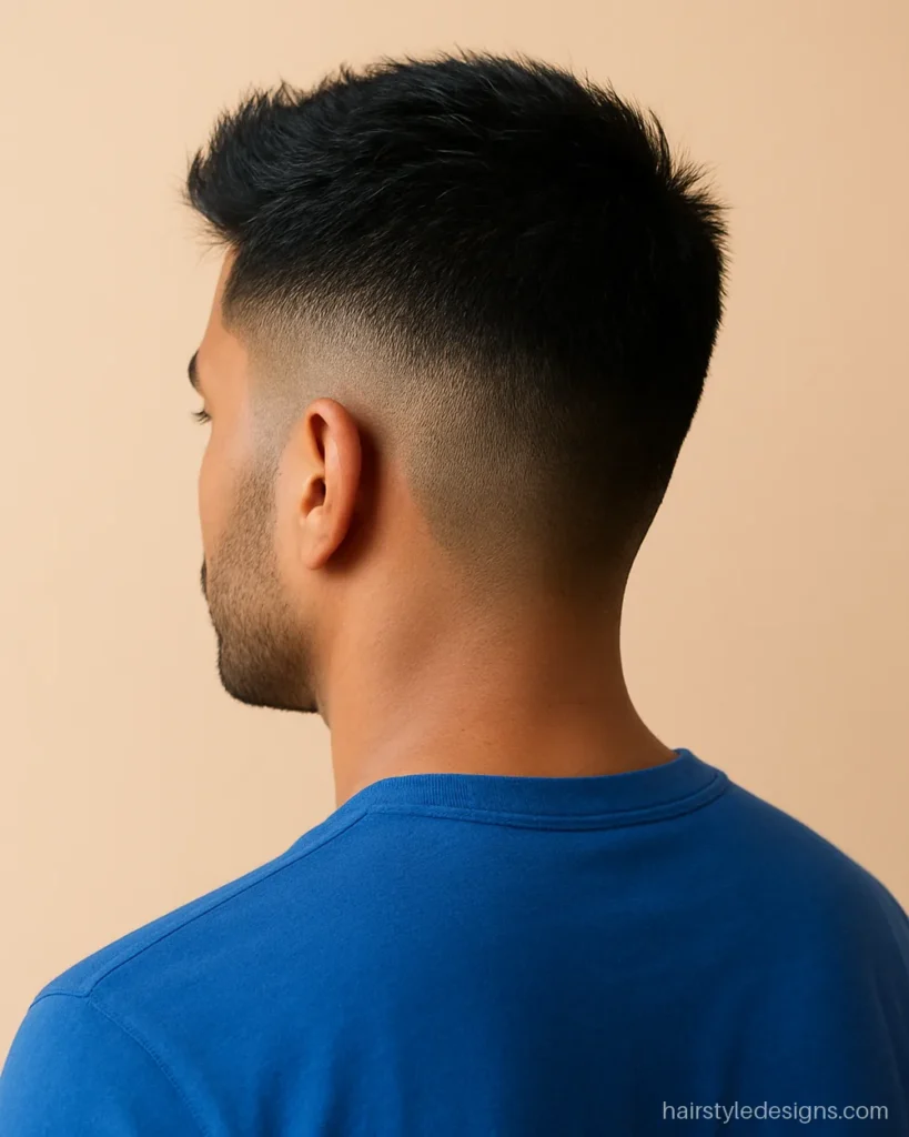 Men's mid skin fade with a textured top pushed up and forward