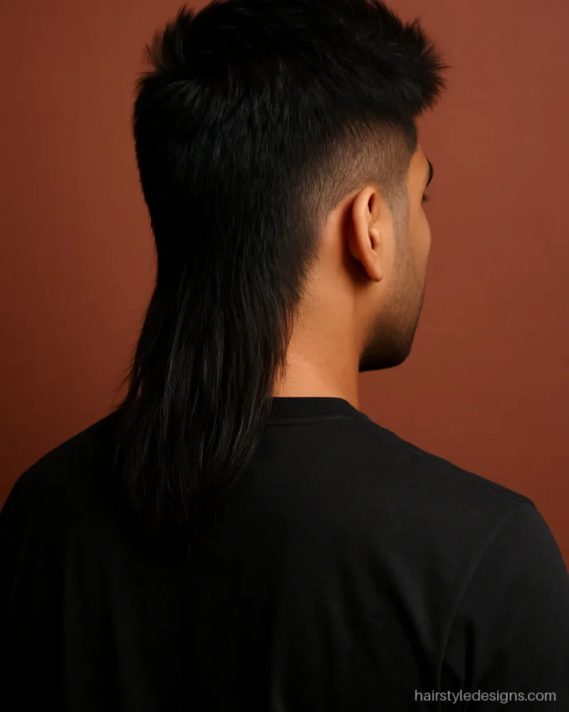 Modern mullet cutting hairstyle for men with a burst fade around the ear