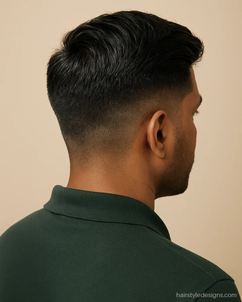 Professional men's hairstyle with a soft textured comb over and mid taper