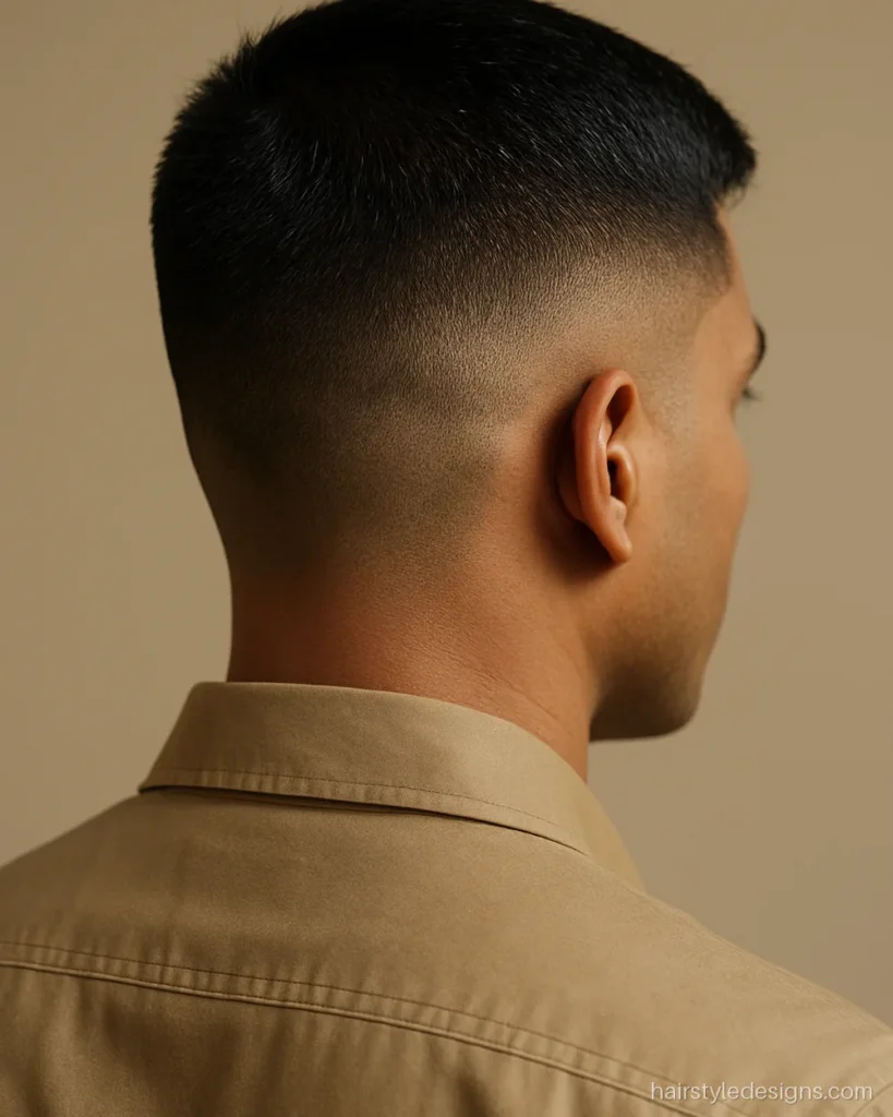 Police cutting hairstyle with a high and tight taper and very short top