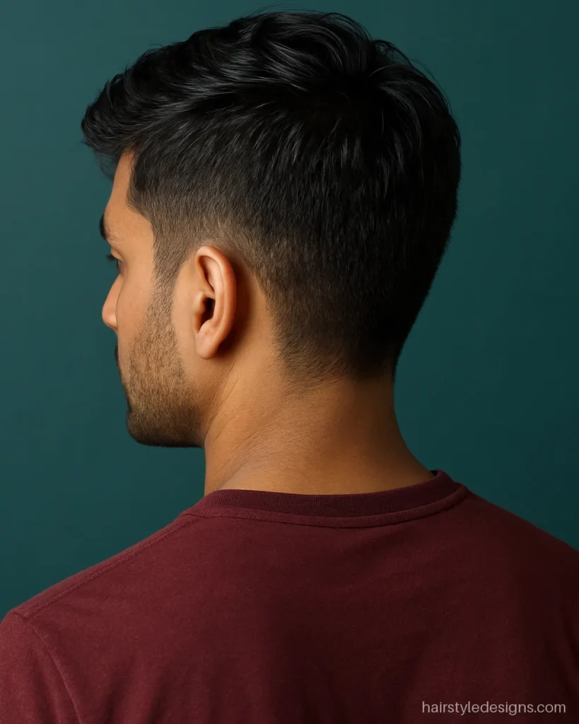 Short side cut hairstyle for men with clipped sides and a top swept sideways