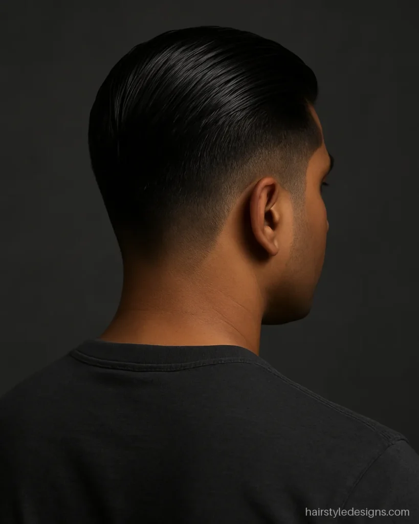 Short slick back hairstyle for men with low taper and glossy combed top