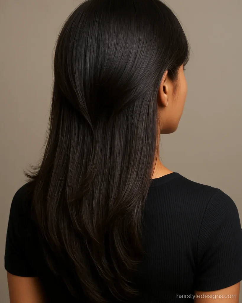 Butterfly cut with short crown layers over long voluminous hair