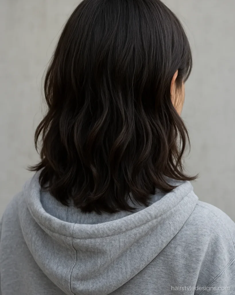 Front hair cut for women with a split curtain fringe on medium hair