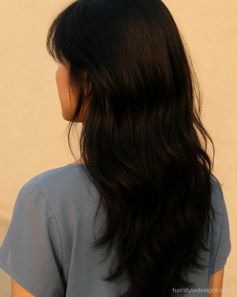 Long hair feather cut with wispy ends and soft face framing pieces
