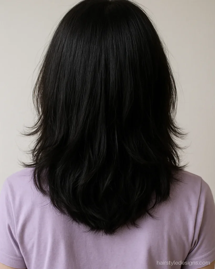 Medium haircuts for girls with feathered wispy ends at shoulder blade length