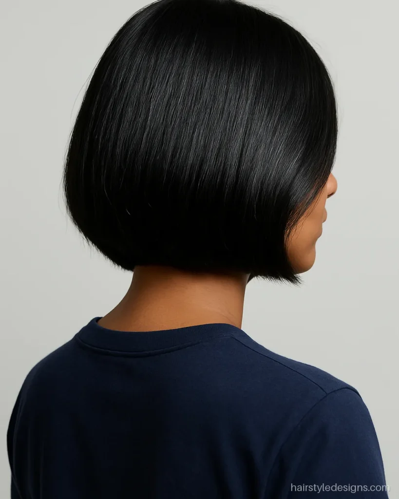 Haircut for round face women with an angled lob longer at the front