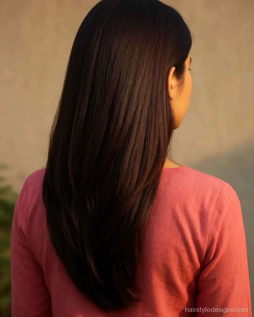 Hair cut for round face women with long layers and a deep side part