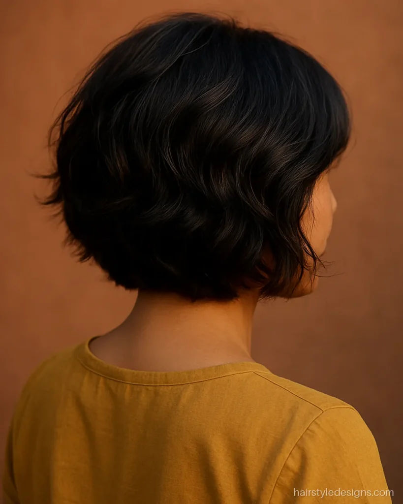 Short hair cutting style for female with a layered wavy bob