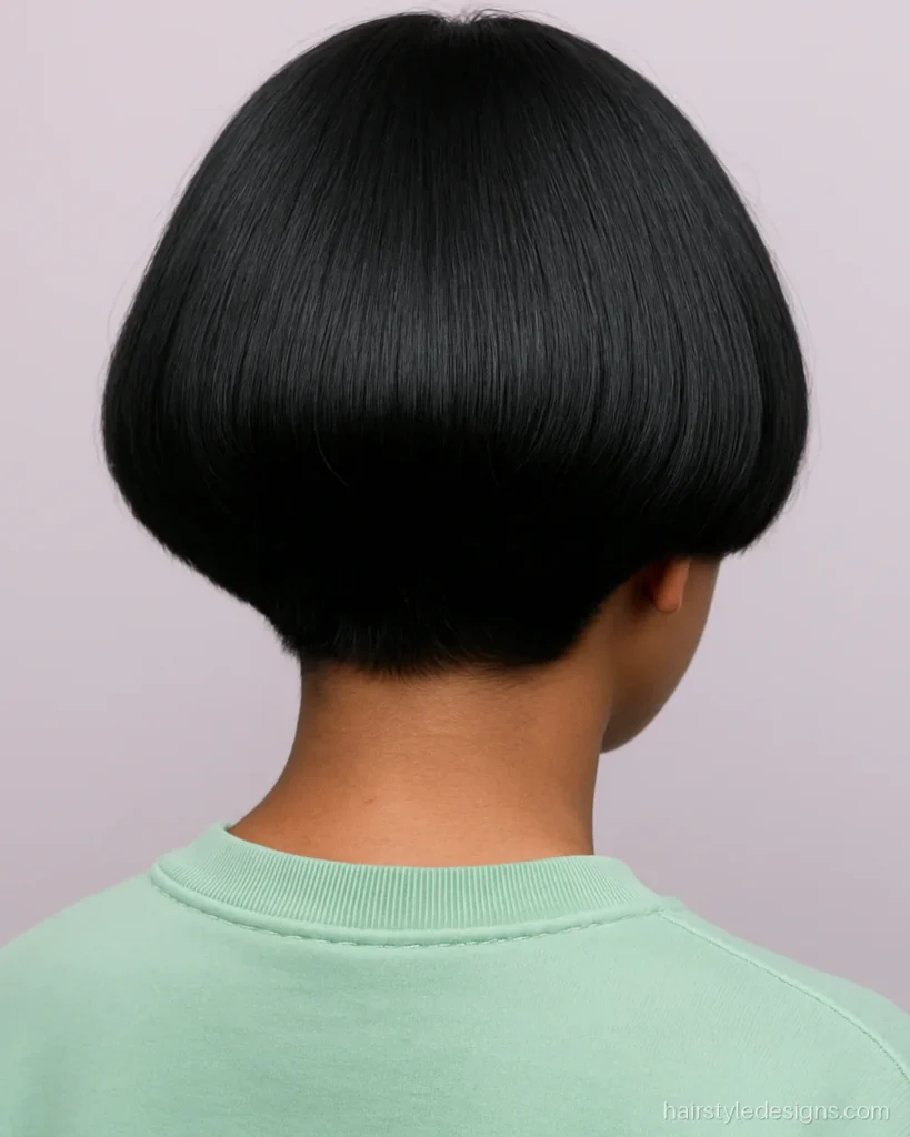 Mushroom cut for girls with a rounded shape and short blunt fringe