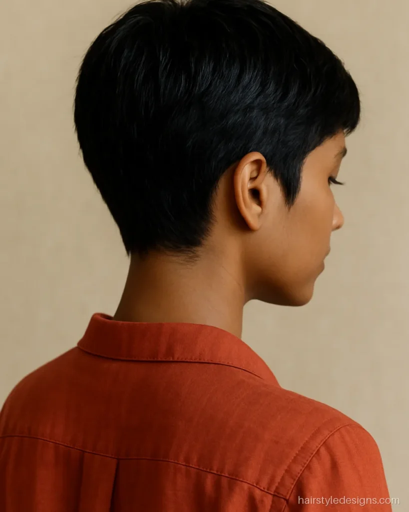 Short hair cut for girls with a soft pixie and tapered nape