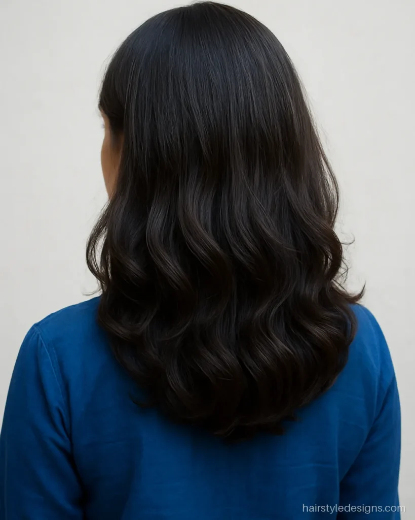 U shape hair cut with layers on mid length wavy hair
