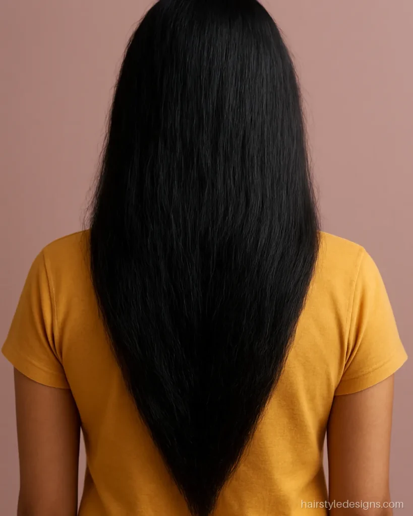 V cut hairstyle girl with a deep pointed hemline on thick hair