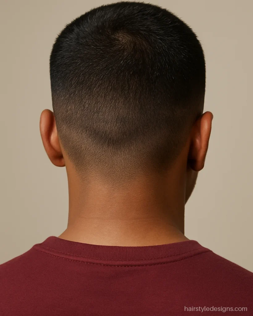 Buzz cut hairstyle name shown as an even short cut all over
