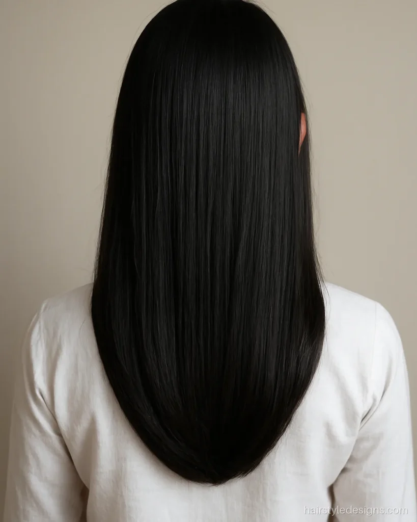 U cut hairstyle name shown on long straight hair from the back