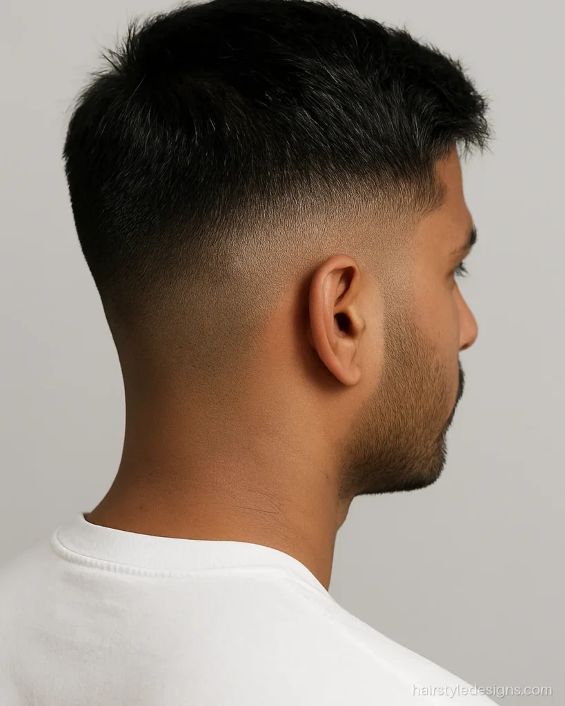 Men hairstyle name example: a mid fade with short textured top