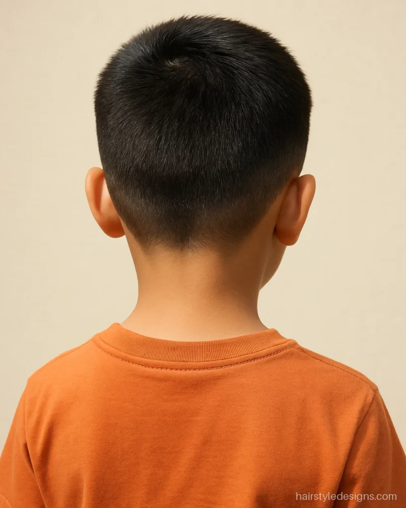 Baby cutting hairstyle boy with a short crew cut for summer