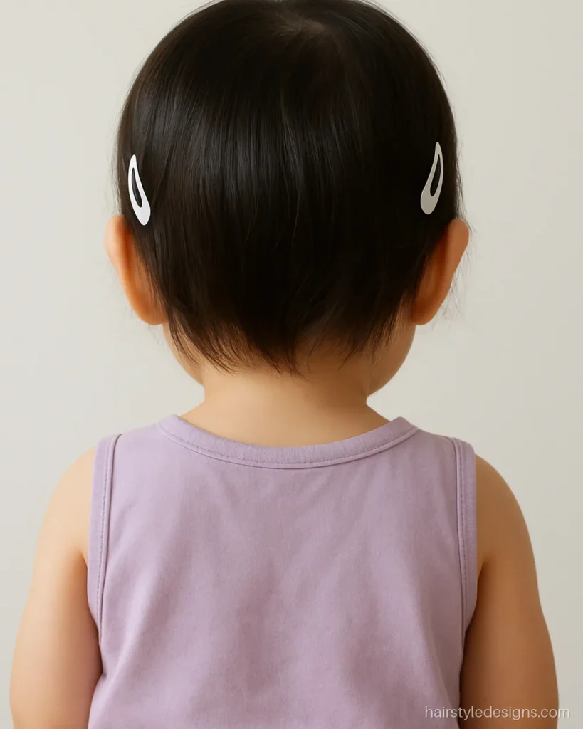 Simple baby hairstyle girl with side snap clips holding back short hair