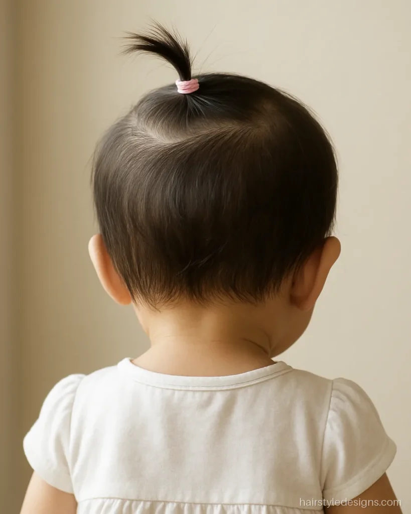 Baby girl hairstyle with a tiny top ponytail tied with a soft elastic