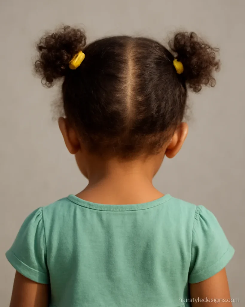 Baby girl hairstyle with two mini puffs on soft curly hair