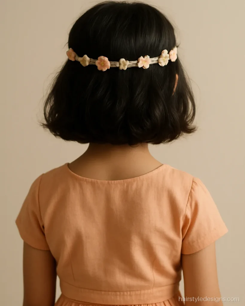 Open hair hairstyle for baby shower with a soft flower headband