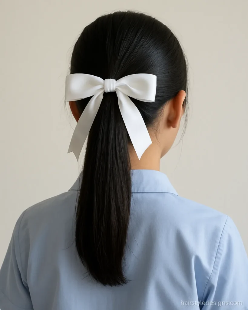 School ponytail hairstyle for girls, one pony with a ribbon bow