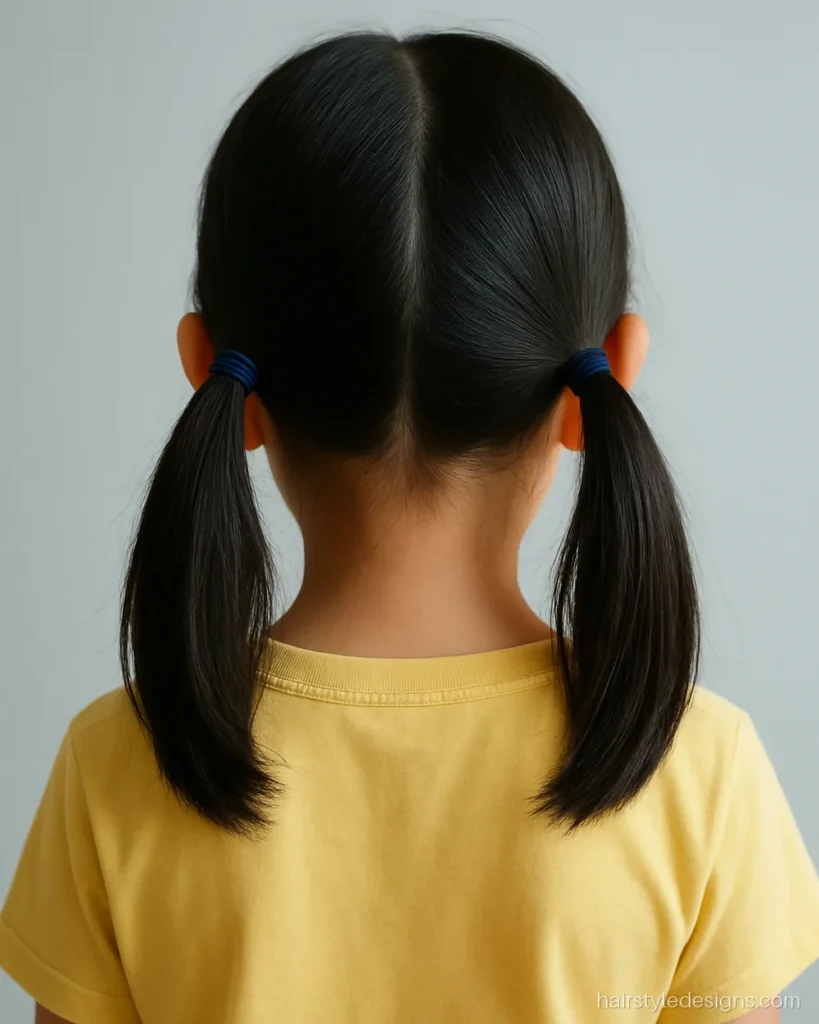 Simple hairstyle for school girl with two low ponytails