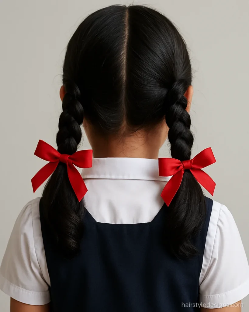 School hairstyle with two plaits folded up and tied with red ribbons