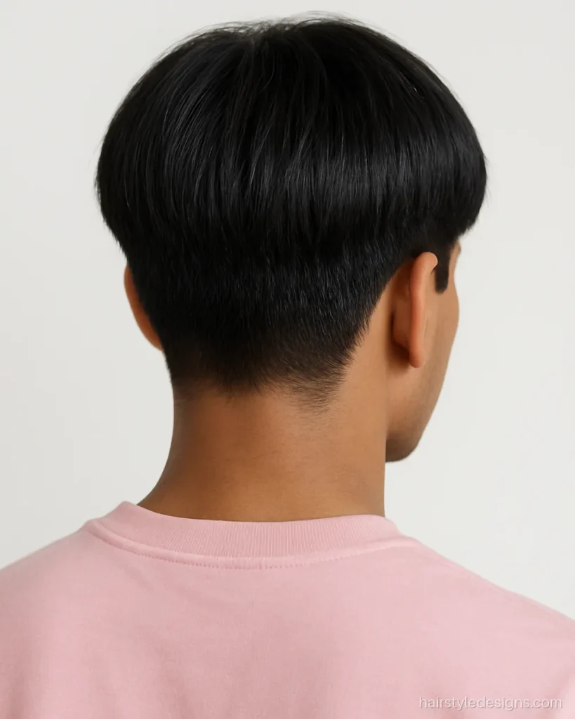 Textured bowl cut hairstyle with soft layers and a rounded shape
