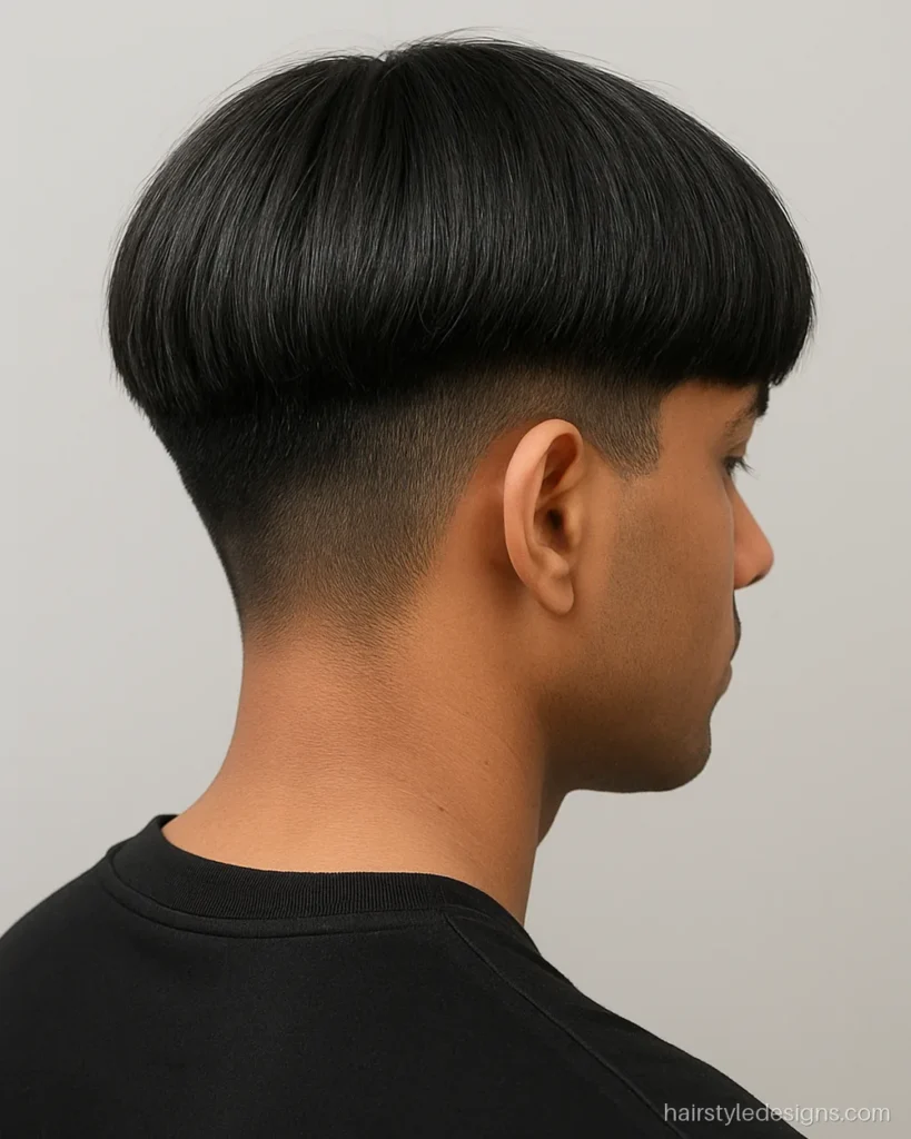 Modern bowl cut hairstyle with an undercut beneath the rounded top