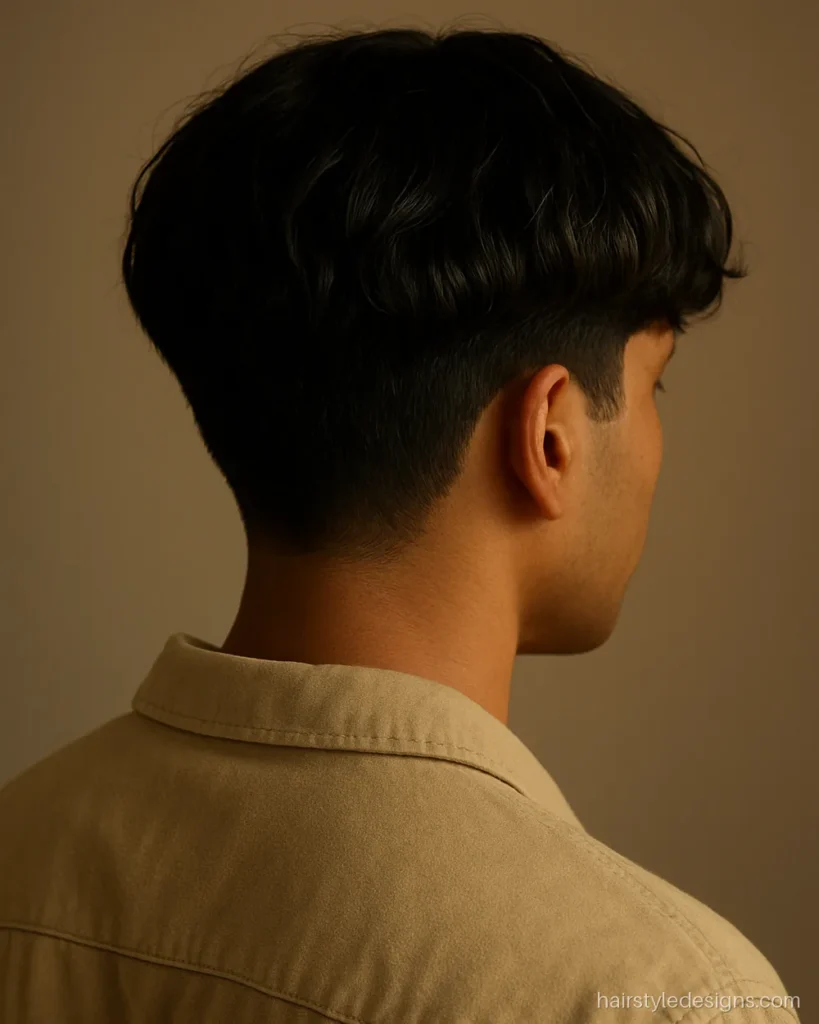 Wavy fringe hairstyle men wear as a relaxed bowl shape