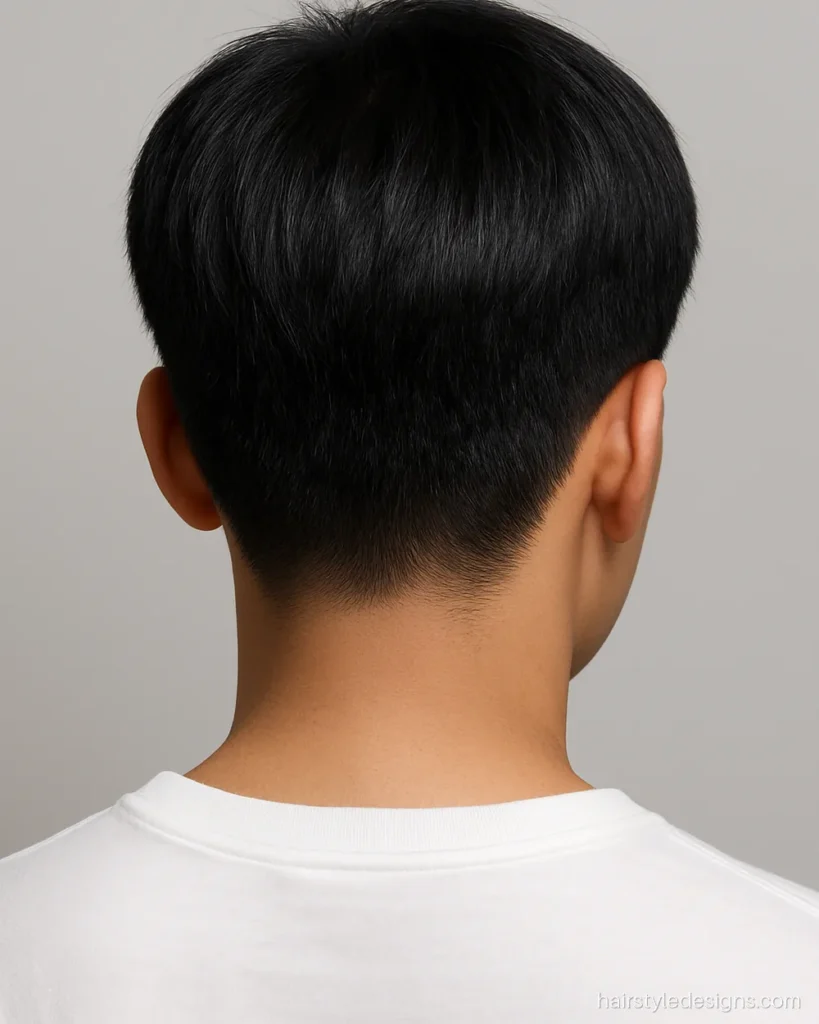 Korean hairstyle boy back side view with rounded nape and soft layers
