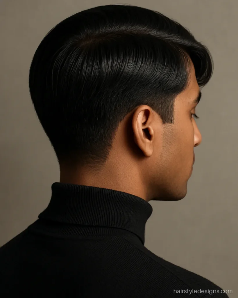 Korean comma hairstyle men wear with a front curl over the brow