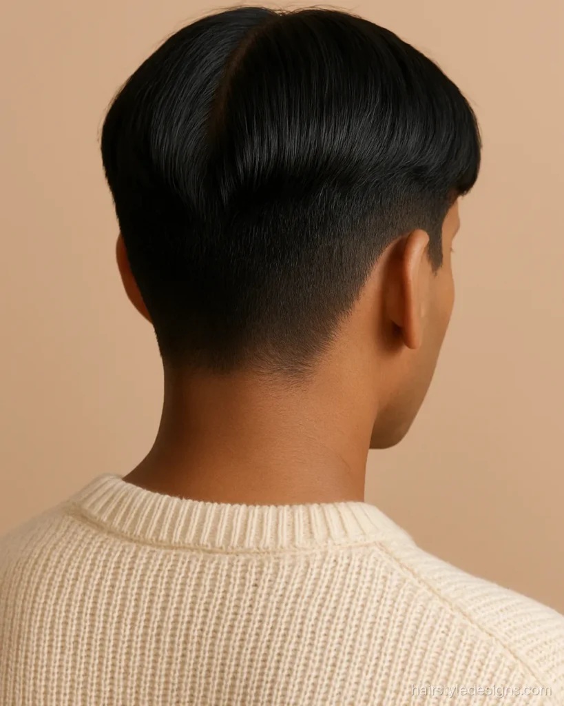 Comma hairstyle with a split fringe curled on both sides