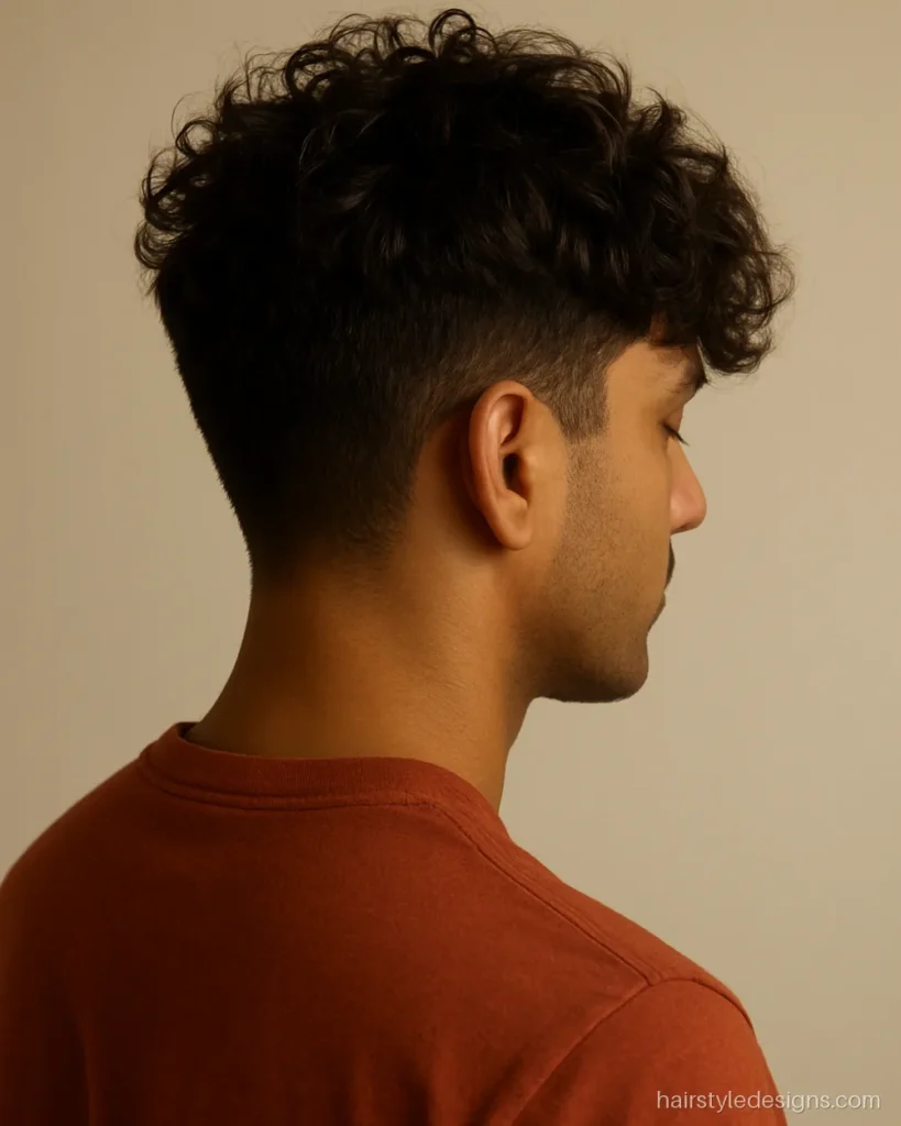 Messy curly fringe hairstyle men wear with curls falling forward