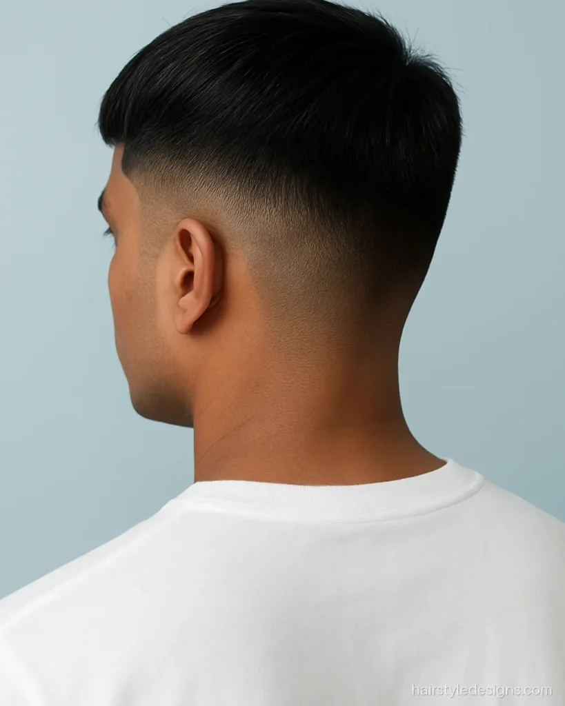 French cut hairstyle with a short crop and straight fringe