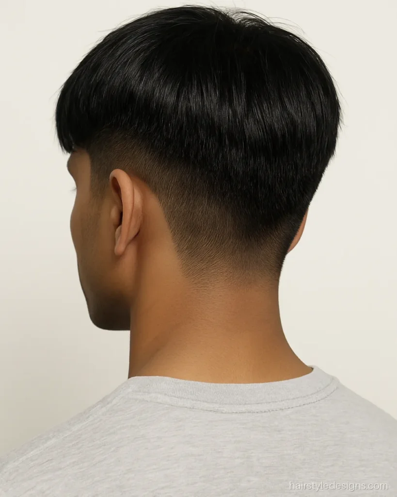 Korean two block hairstyle with a short undercut and hanging top