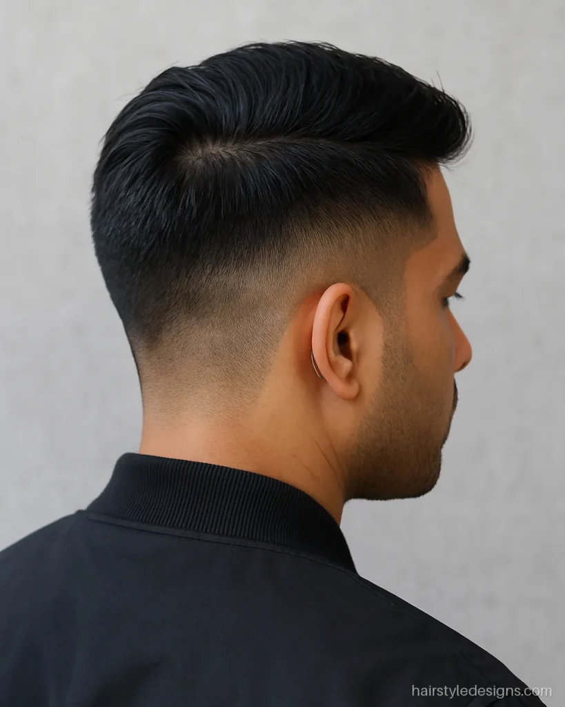 Modern two block hairstyle with a textured side part on top