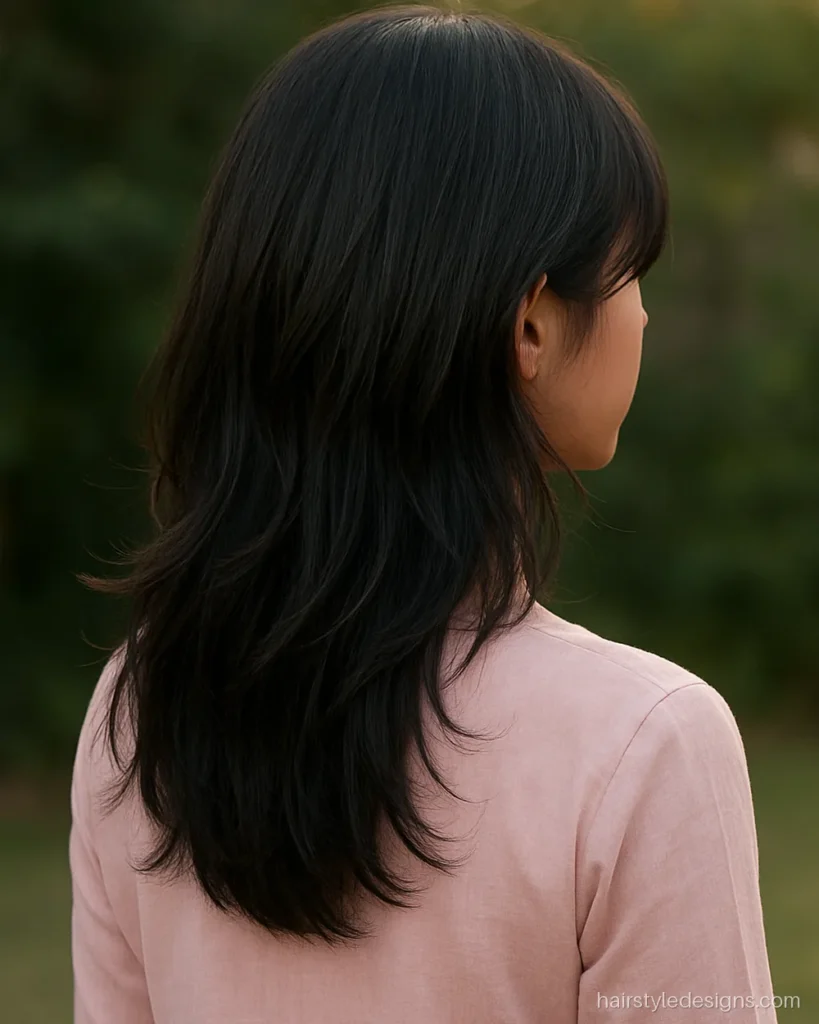 Feather cut with layers and curtain bangs on long wavy hair